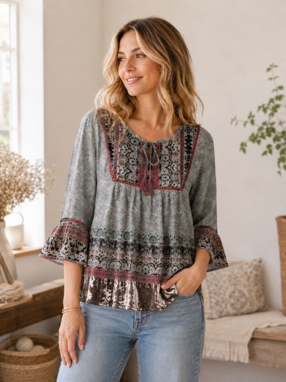 Knox Rose Flutter Sleeve Velvet Semi Sheer Tassle Top S Fall Boho Autumn